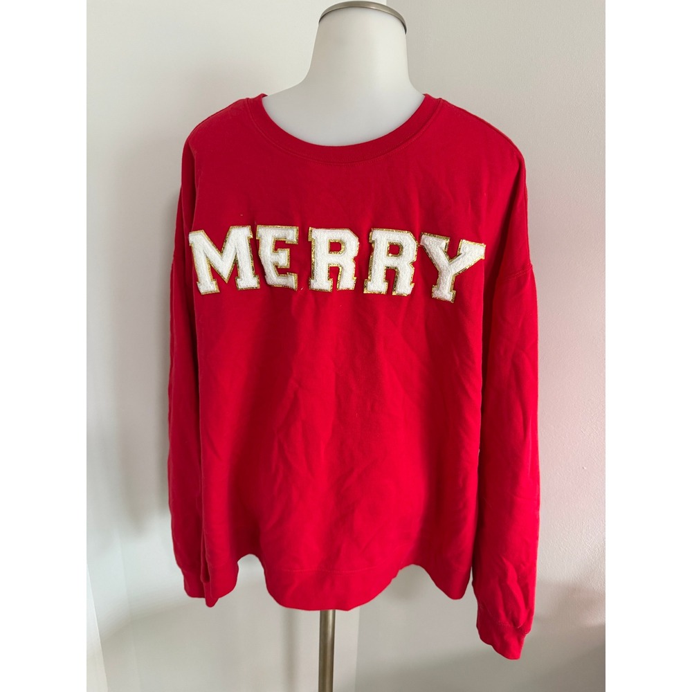Mud Pie Womens Red Merry Chenille Patch Sweatshirt Gold Glitter Holiday M/L